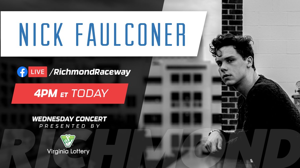 RichmondRaceway's tweet photo. ICYMI: We'll have live music on our Facebook page today!

Local artist @NickFaulconer will be performing a virtual concert presented by @VirginiaLottery at 4 p.m. ET.

💻: https://t.co/p8RXqApiIs https://t.co/XqLSEb8QMa