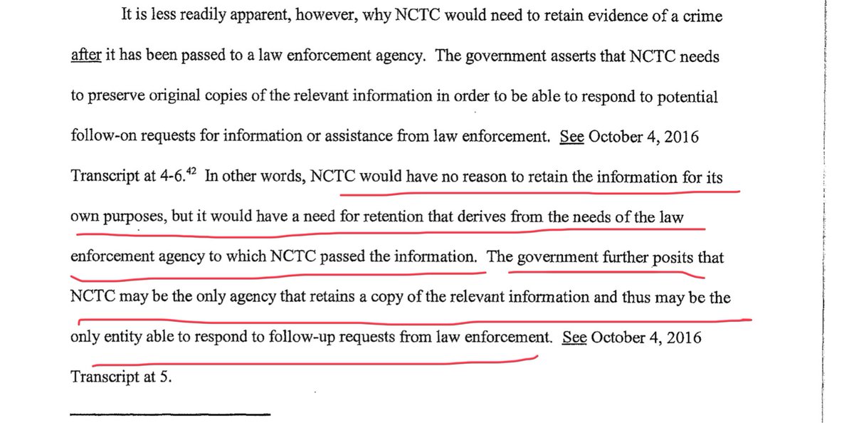 Apparently NCTC would hold copies for other agencies. If FBI or CIA needed info, NCTC would retain that request beyond what FBI or CIA would.