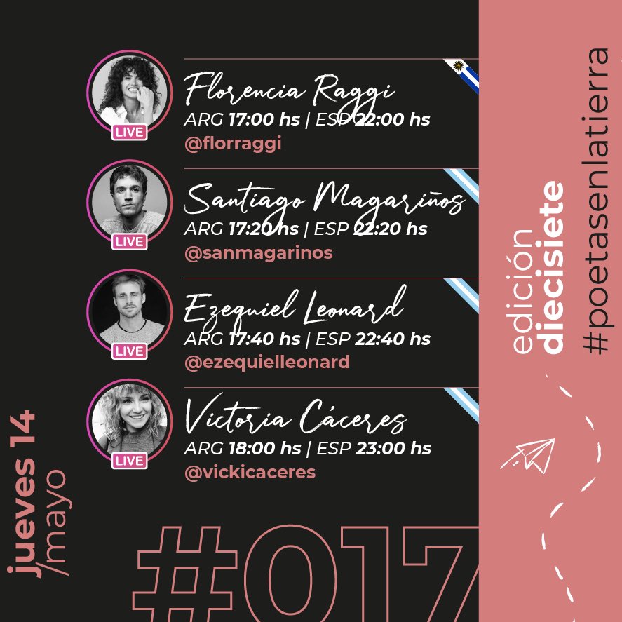 ¡Se viene la EDICIÓN DIECISIETE! Este JUEVES 14 de mayo, cuatro nuevos artistas serán parte de #poetasenlatierra ♥️🙌🏽🌍

<a href="/RaggiFlor/">Florencia Raggi</a> <a href="/SanMagarinos/">s</a> #EzequielLeonard <a href="/vickicaceres_/">Victoria Caceres</a>