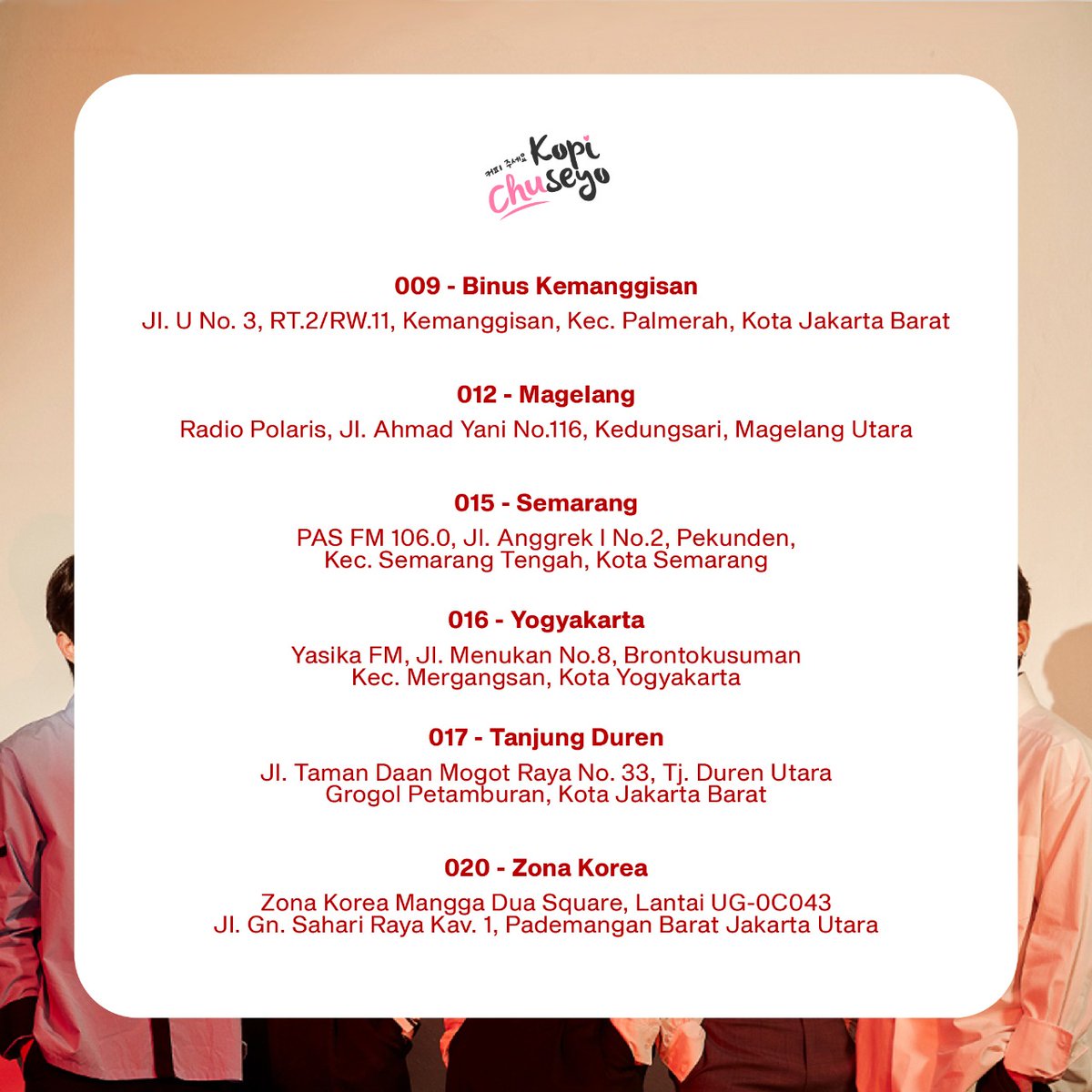 MASWONFEEL's tweet photo. Gift bisa dipesan diseluruh outlet kopi chuseyo dari tanggal 16-19 Mei 2020

Special thanks to :
@day6confess @mydayfess2 @mydaytangerang @mydaycirebon @myday6jogja @mydaysemarang 
for helping us share this event🥰💕

please tag me &amp; @kopichuseyoid if you get the gift🎁💕 https://t.co/ap2OFOVLFe