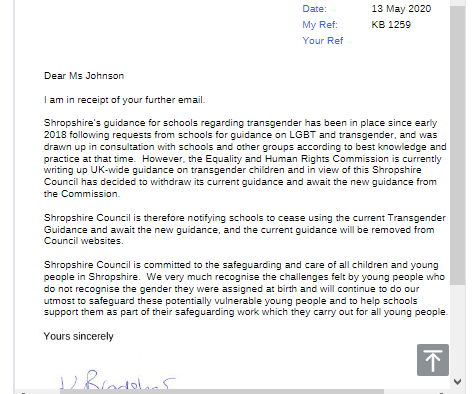 Shropshire County Council have withdrawn the transgender tool kit. It took a little pressure and a lot of help from some wonderful people (I'd tag but they may not wish me to). Anyone else wanting to do the same in their area...do it!WOOHOO!!!!