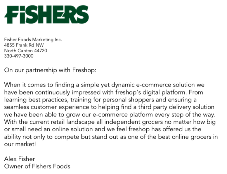 We're proud to partner with <a href="/FishersFoods/">Fishers Foods</a> to provide an effective eCommerce platform for their grocery business needs! Thank you, Alex!