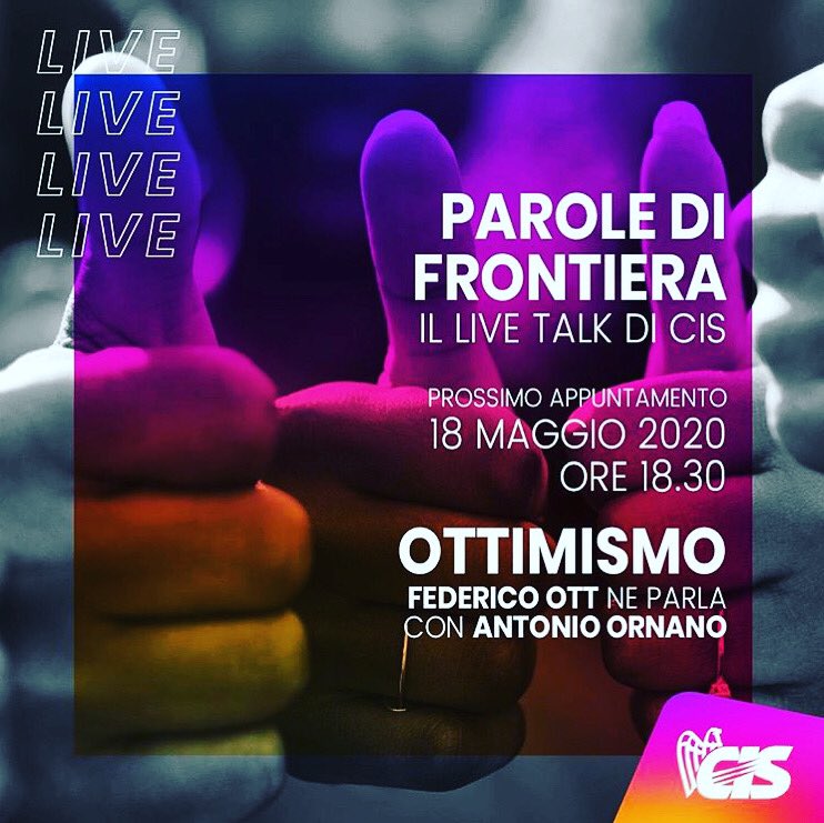FedeottFederico's tweet photo. Dopo il debutto di questa settimana Lunedì 18 maggio alle ore 18:30, sempre in diretta sulla pagina Instagram di @cis_reggioemilia torna il live talk PAROLE DI FRONTIERA. In questa puntata parleremo di #ottimismo con @antonioornano #paroledifrontiera #antonioornano #live #talk https://t.co/lcXrhNgMSI