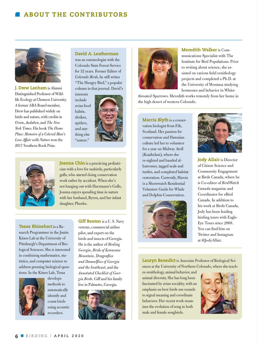 BirdingMagazine's tweet photo. The @ABA thanks the folks who contributed feature content to the current issue of @BirdingMagazine: @1blackbirder, @TessaRhinehart, @mswettwalker, @JodyAllair, and @LaurynBenedict.

The June issue (sneak preview, @BirdDiva, @freekatie, @birdchaser) is in production right now! https://t.co/oITWqFhVma