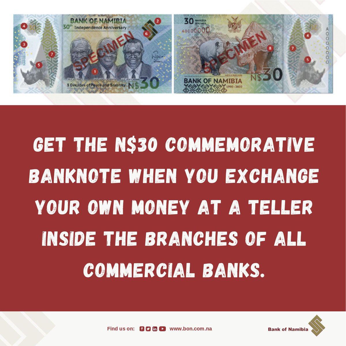 BankofNamibia's tweet photo. Get the N$30 #commemorativebanknote when you exchange your own money at a teller inside the branches of all commercial banks.
#BankofNamibia https://t.co/BRaaLyVZsk