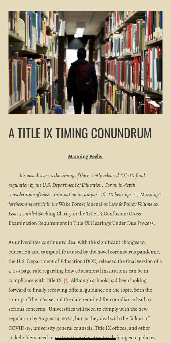 Congratulations to Manning Peeler, current EIC and J.D. 2021, for his recent De Novo publication of: A Title IX Timing Conundrum! This new blog post discusses the recently released Title IX regulation by the Department of Education. You can find the article in the link below!