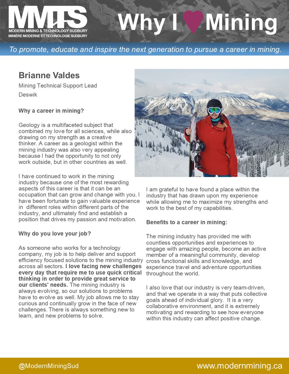 Modern Mining & Tech (@modernminingsud) on Twitter photo MMTS is spotlighting inspiring Mining Professionals for the month of May 2020! Check out our Why I love Mining Career Profiles. Stay tuned for more!
<a href="/ModernMiningSud/">Modern Mining & Tech</a> modernmining.ca
Meet Brianne Valdes, Mining Technical Support Lead, Deswik. <a href="/Mining4Beer/">Mining 4 Beer</a> <a href="/MecaSymposium/">MECA Symposium</a> MMTS is spotlighting inspiring Mining Professionals for the month of May 2020! Check out our Why I love Mining Career Profiles. Stay tuned for more!
<a href="/ModernMiningSud/">Modern Mining & Tech</a> modernmining.ca
Meet Brianne Valdes, Mining Technical Support Lead, Deswik. <a href="/Mining4Beer/">Mining 4 Beer</a> <a href="/MecaSymposium/">MECA Symposium</a>