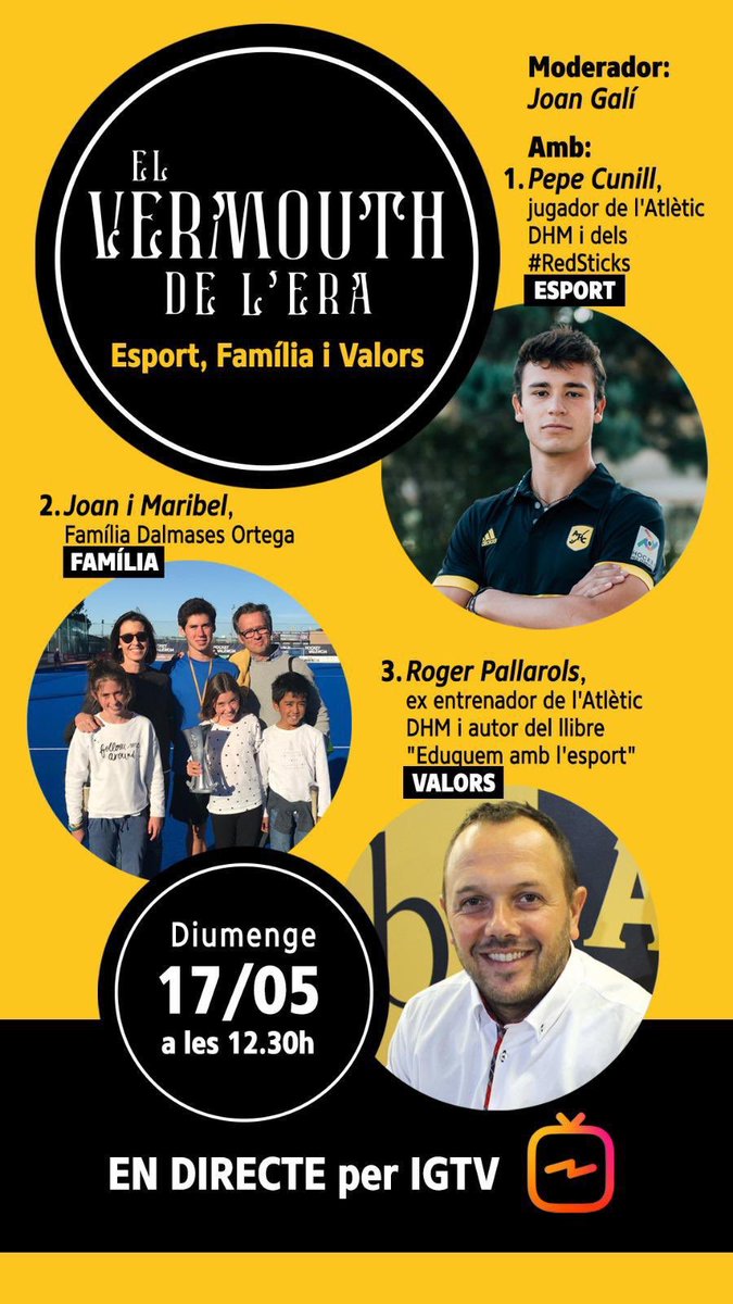 AtleticTerrassa's tweet photo. HOCKEY.
Nova conversa al nostre📲 IG directe aquest diumenge! Parlarem d’ESPORT, FAMÍLIA i VALORS amb @PepeCunill , la família Dalmases Ortega i @rogembak #athchome🏡 https://t.co/t3oEJ8sZF0