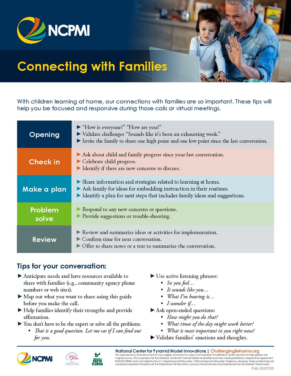 PyramidModel's tweet photo. New #PyramidModel Resource!
"Connecting with Families"
With children learning at home, our connections with families are so important. These tips will help you be focused and responsive during those calls or virtual meetings.
https://t.co/lMpM0hzlex https://t.co/vrWxQ1nQjh