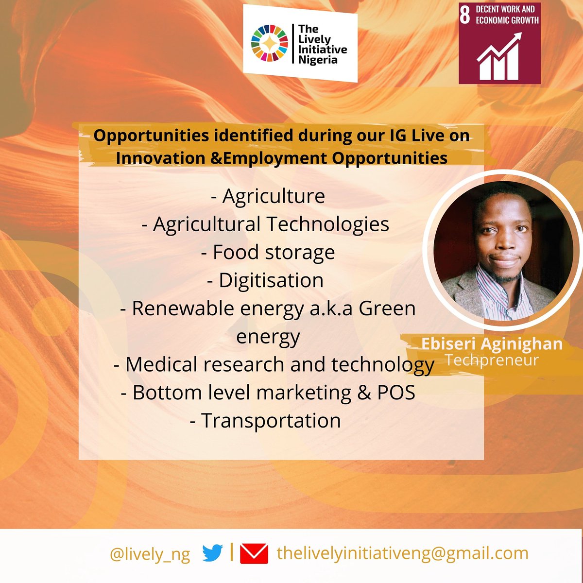 lively_ng's tweet photo. Here's some opportunities we identified during our live session with @mrebis on #innovation and #employment.
Have a read.
#TLINtalks #sdg8 #decentwork #youth2030 #youthempowerment https://t.co/zqjR7z14DY