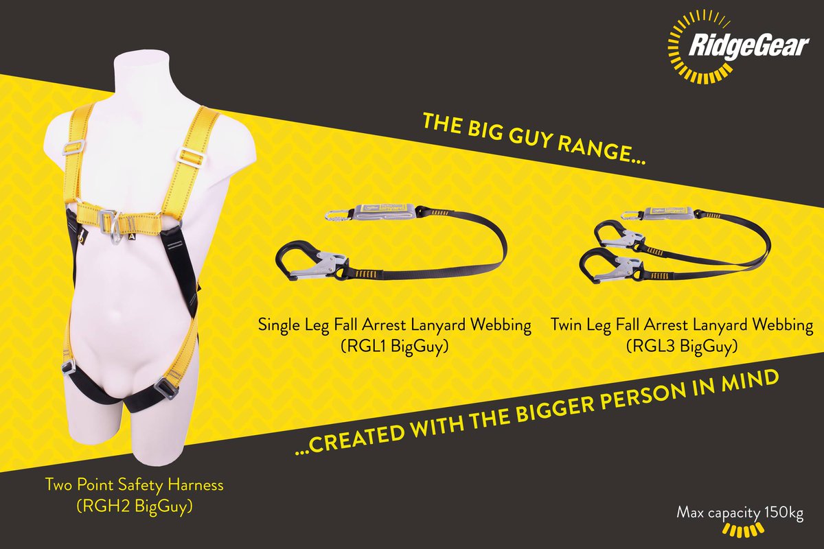 ridgegear's tweet photo. Our Big Guy range created for the larger worker with a max weight rating of 150kg.

Combine our Big Guy two point safety harness and one of our Big Guy fall arrest safety lanyards (available in single and twin leg).  

#heightsafety #workatheight #worksafe https://t.co/2XwxnDCmWi