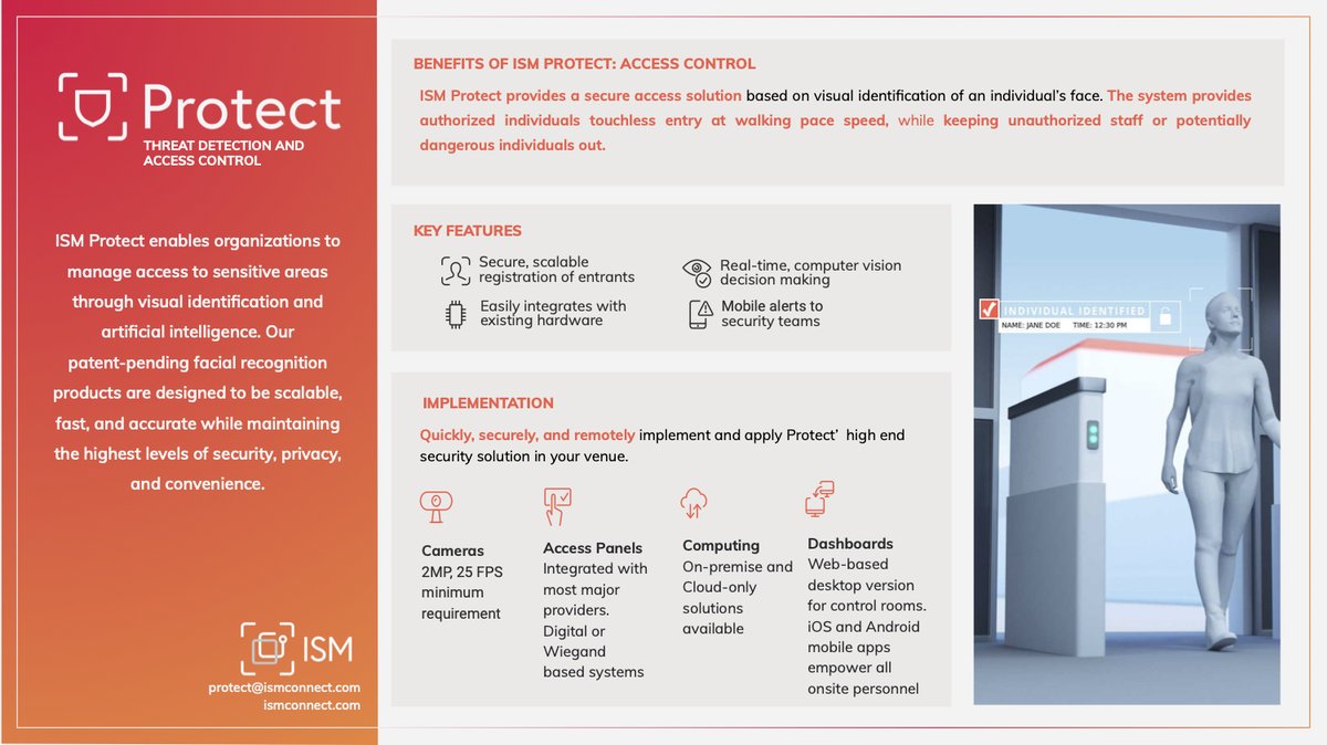 Secure access solutions based on visual identification, #ISMProtect provides authorized individuals touchless entry while keeping unauthorized staff out.
#accesscontrol #security #touchless