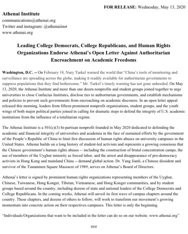 athenaiinst's tweet photo. 🚨BREAKING: Athenai releases the Washington Appeal, saying enough is enough to the Chinese Communist Party’s influence on campuses. Read the appeal and learn more about Athenai at: ​https://t.co/iLyO5G4Xt7​ 🦉 #ProtectAcademicFreedom https://t.co/WCPOLgkPrG