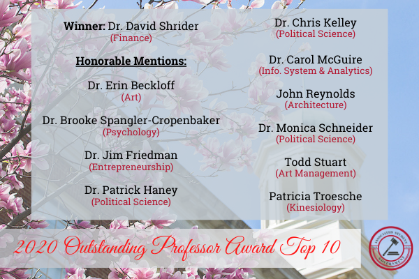 Congratulations to our Honorable Mentions! 
To all of our incredible professors: Thank you for your services to the Miami community through selflessly changing and inspiring our lives. Thank you for your guidance and energy towards shaping our future. Love and Honor.