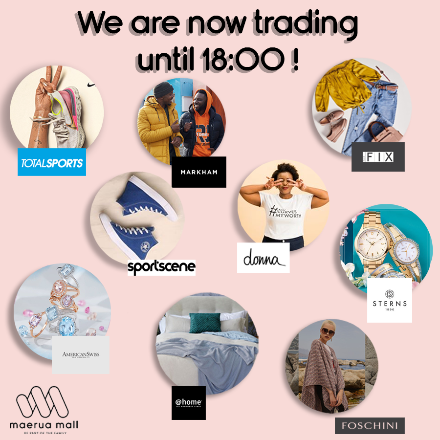 maerua_mall's tweet photo. Maerua Mall patrons please note all TFG stores are now trading until 18:00. #Totalsports #Markhams #TheFix #Sportscene #Donna #Sterns #AmericanSwiss #Foschini #@Home #MaeruaMall #Windhoek https://t.co/gX2EUtIUHX