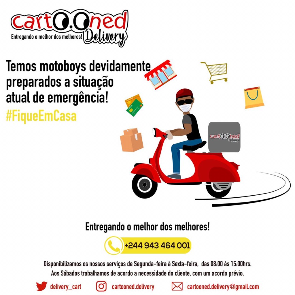 O seu negócio está parado? Não tem um serviço de entrega eficaz? Ligue pra nós! 📞

A nossa equipa está preparada e equipada para trabalhar durante o Estado de Emergência 🚨 
#fiqueemcasa

“Entregando o melhor dos melhores!”

#cartooned #delivery #entregas #aodomicilio #angola 🇦🇴