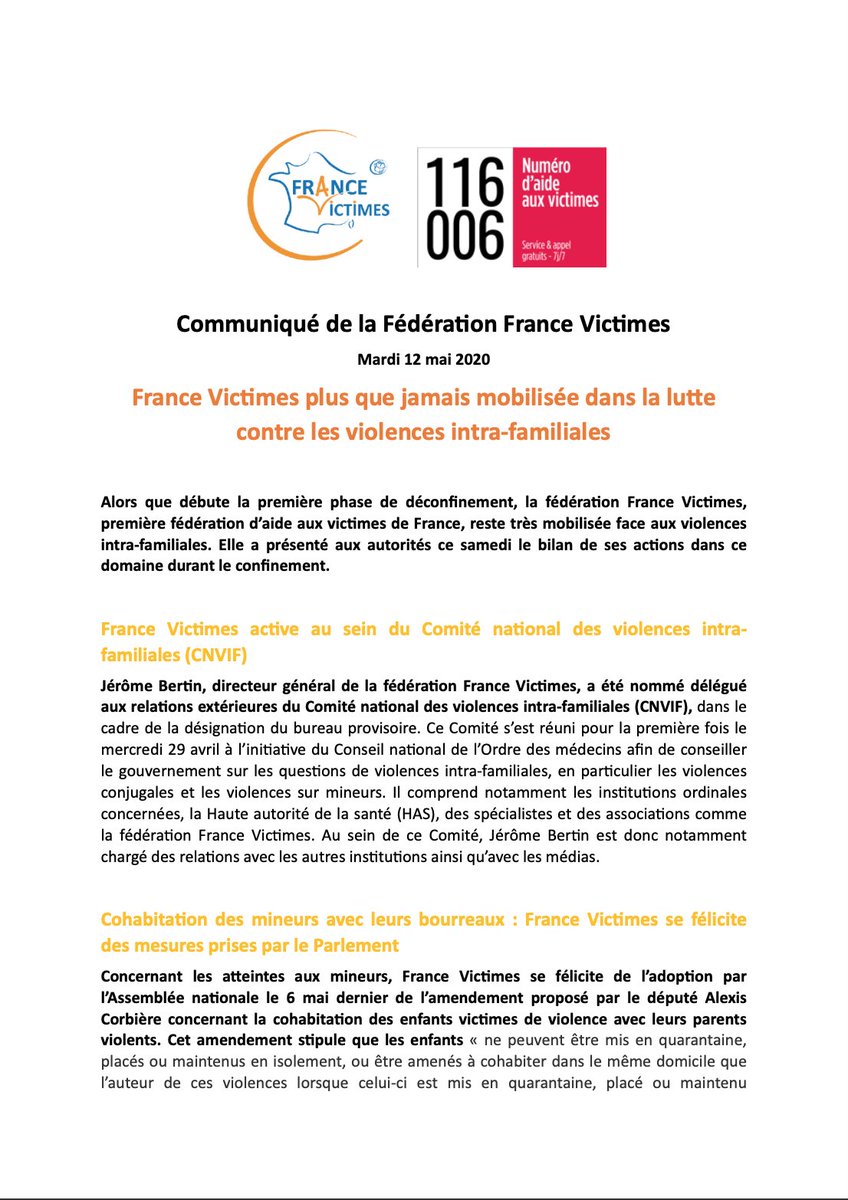 FranceVictimes's tweet photo. [#CommuniquéDePresse]

Alors que débute la première phase de #déconfinement, France Victimes est plus que jamais mobilisée dans la lutte contre les violences #intrafamiliales

➡️ https://t.co/M1Xs53vL2e https://t.co/MiSwEYyD9U