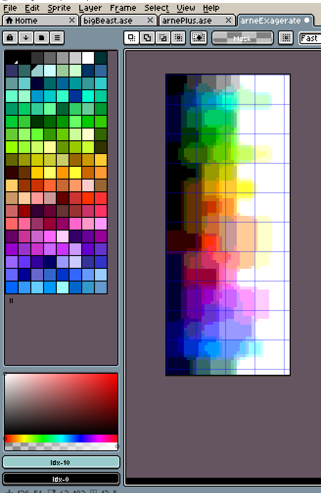 Can we talk about how best to make  #pixelart palettes?I'm trying to expand my color range, so I smoothed out the previous palette I was using. But when I convert the sprite to palette I end up getting a big jumble of colors that's really hard for me to sort. 1/2 @aseprite