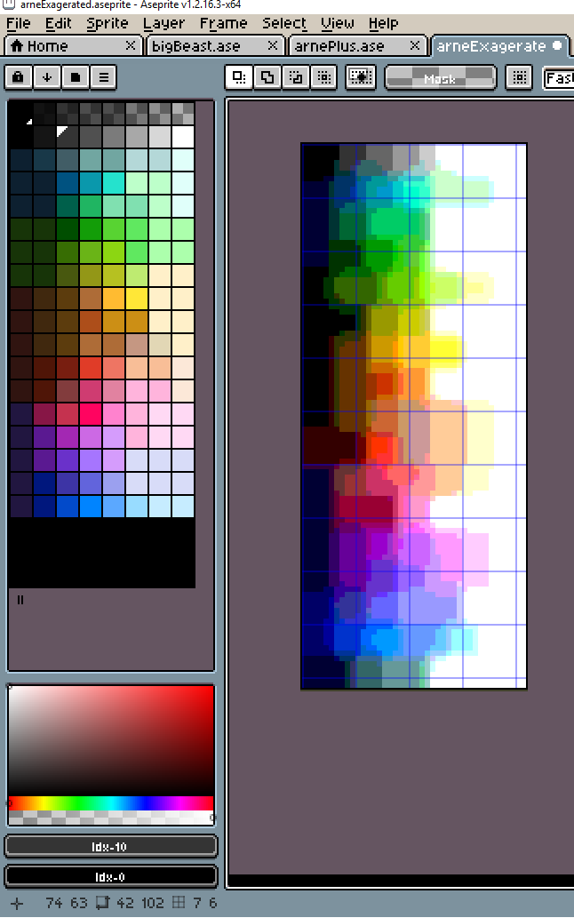 Can we talk about how best to make  #pixelart palettes?I'm trying to expand my color range, so I smoothed out the previous palette I was using. But when I convert the sprite to palette I end up getting a big jumble of colors that's really hard for me to sort. 1/2 @aseprite