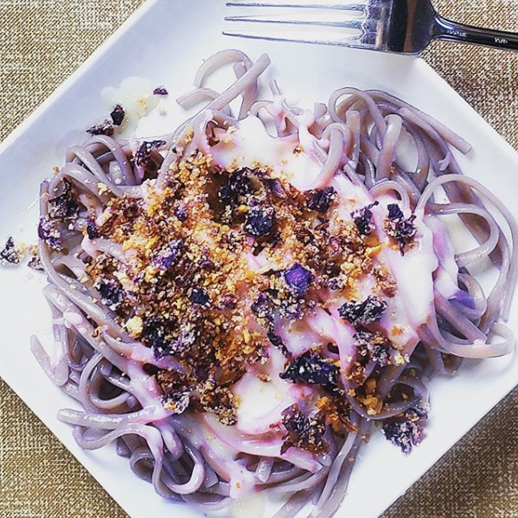 Participating in the <a href="/FoodAllergy/">FARE | Food Allergy Research & Education</a> #Top9Free meal challenge today! We made this delicious Unicorn Pasta from the Chef Free Club, that's naturally colored with purple cabbage and magically changes colors when topped with the lemon-garlic cream sauce.