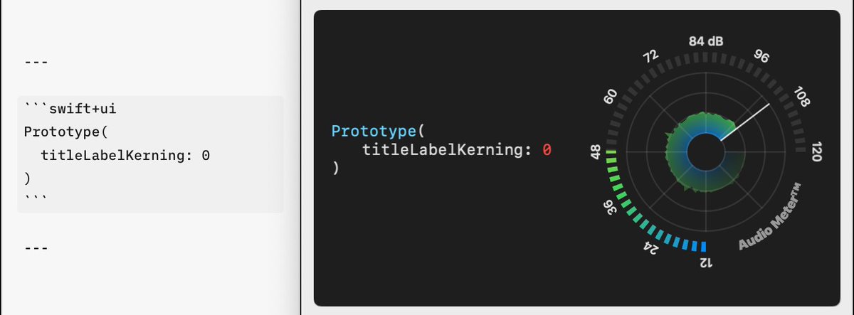 tobiasdm's tweet photo. I can’t help but be a bit hyped about @dias_app. I made a minor tweak and now all it takes to show sample UI next to sample code is a simple “swift+ui” fence in your Markdown code block.

```swift+ui
Prototype(kerning: 4)
```

Coming soon to a slideshow app near you 😉 https://t.co/0fau98SSvx