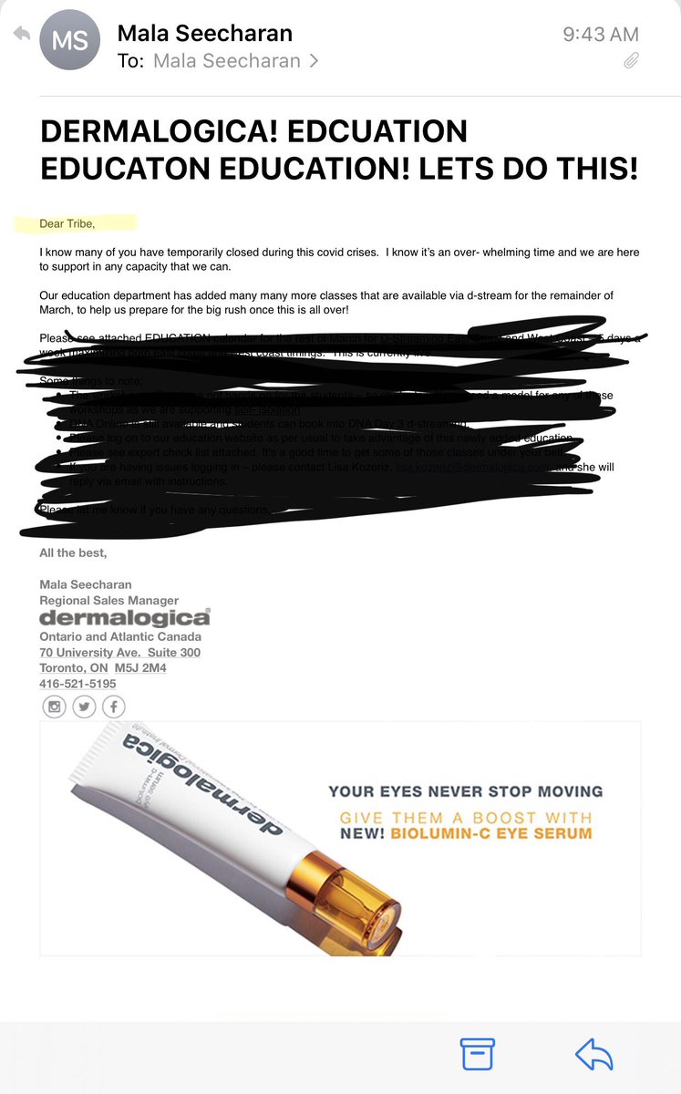 TippiStar's tweet photo. I asked @dermalogica ‘s rep not to use the culturally insensitive term “Tribe” when they address accounts &amp; clients via email. This is what their response was... is this how you address your clients &amp; customers @DermalogicaAUS @DermalogicaCDN @DermalogicaUK ??! https://t.co/fp6nncpjr0
