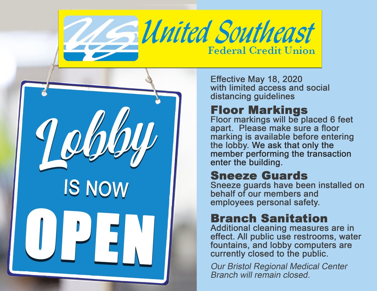 USFCU's tweet photo. Important Update: USFCU will open our lobbies, with the exception of the Bristol Regional Medical Center Branch, on Monday, May 18.   Our lobbies will have limited access and social distancing guidelines. https://t.co/FHQiXpfqbB