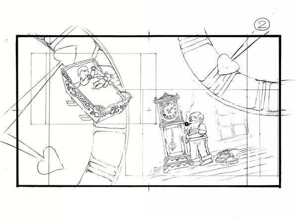 スタジオじゃぴぽ 岡部久義ミュージアム イラストの部屋 ビデオクリップ 大きな古時計 用のイラストデッサンの一枚 完成作品にはないカメラワークのイメージが ハイビジョンサイズと４ ３サイズで描かれている珍しいイラスト にこにこぷん