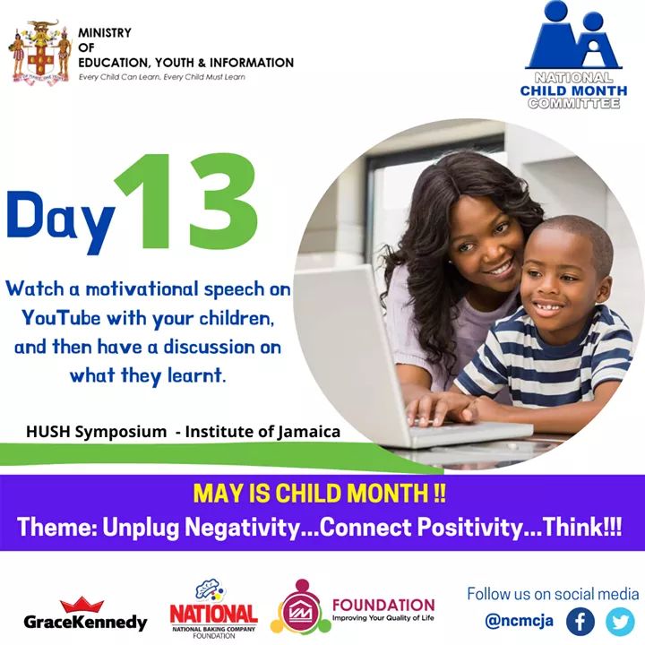 ncmcja's tweet photo. Can I get a WOW for Wednesday!

Day 13:
Watch a motivational speech on YouTube with your children, and then have a discussion on what they learnt.

Official Hashtags:
#childmonthja
#ncmcja https://t.co/IBoeAIXHTy