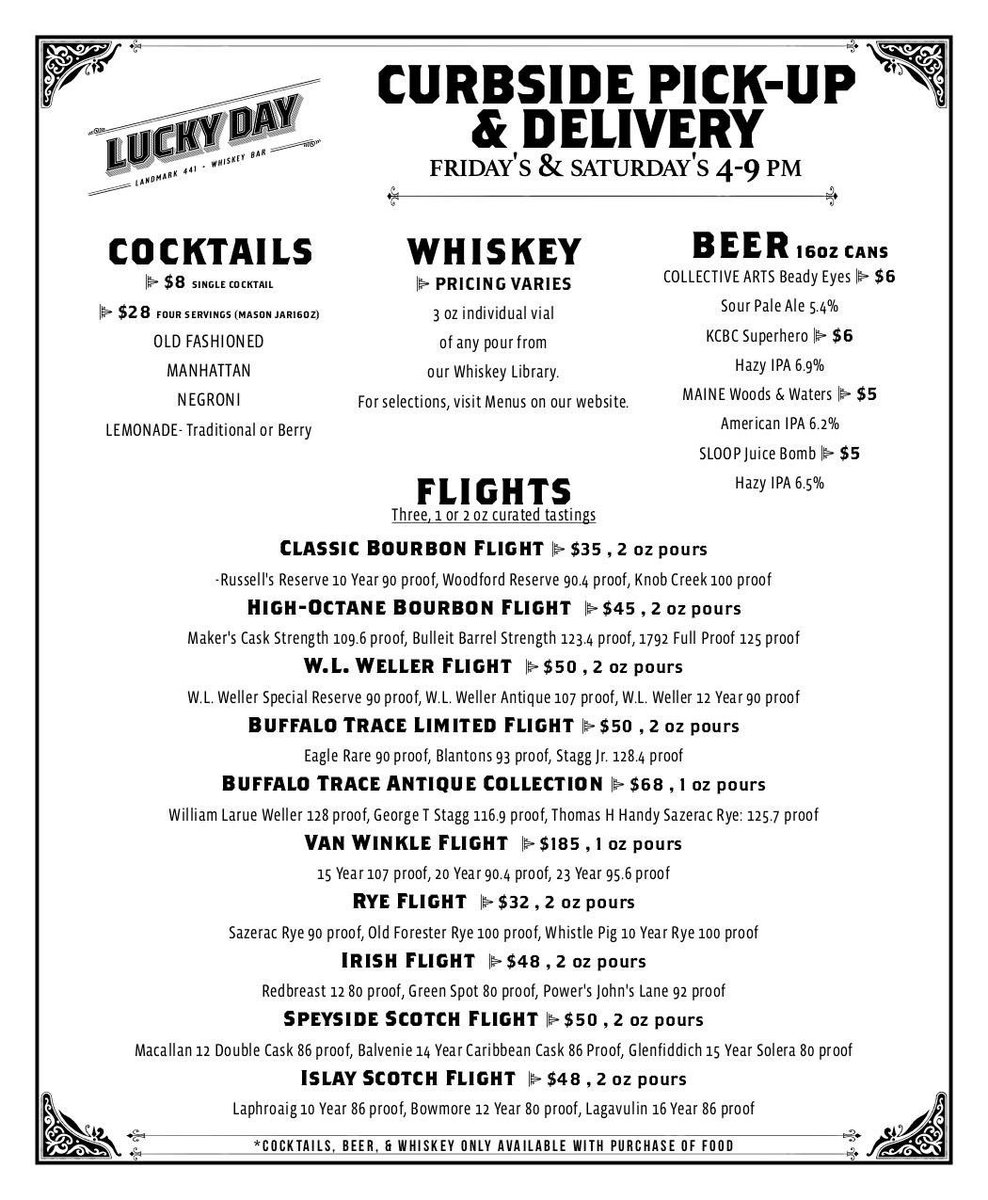 Curbside pick-up and delivery continues this weekend! 

Order online at luckydaywhiskeybar.com, free delivery within a five-mile radius and $40 minimum. Any alcohol purchase must be accompanied with food. 

#takeout #luckydaywhiskeybar #buffalony