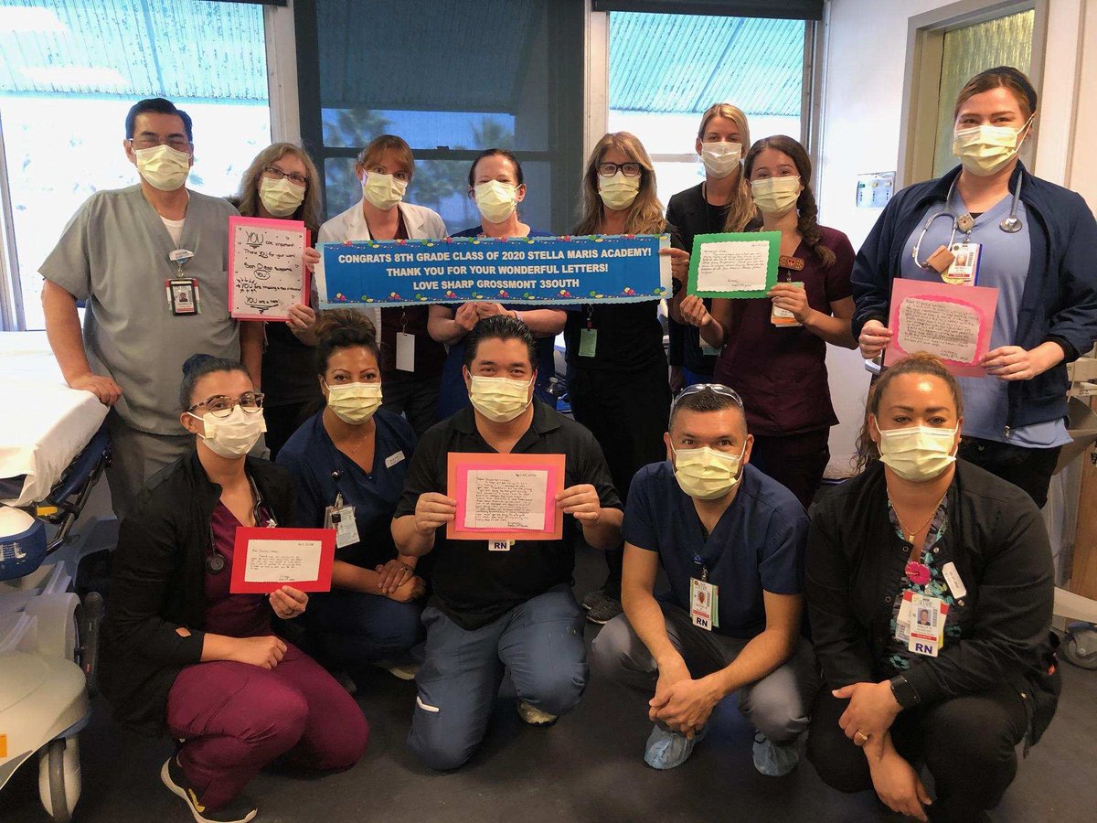 StellaMarisAcad's tweet photo. Sharp Grossmont South Hospital essential staff workers hold a banner to congratulate Stella Maris Academy's Class of 2020. They were grateful for the thank you letters our students wrote to them as a show of support and gratitude during the pandemic #EssentialWorkers #ClassOf2020 https://t.co/XR8B4EeXxA
