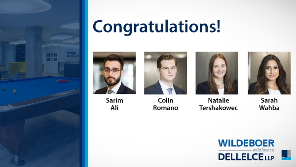 wildlaw's tweet image. We are pleased to announce that Sarim Ali, Colin Romano, Natalie Tershakowec and Sarah Wahba will be returning to the firm as associates after their calls to the bar in June. Congrats on your successful 2019-2020 articling terms and your upcoming calls to the bar! #hireback