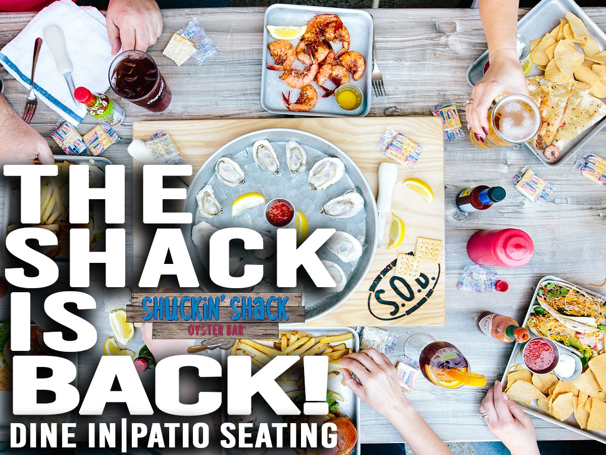 shuckinshack's tweet photo. #TheShackIsBack Our locations in Greenville, SC, Summerville, SC and Ocala, FL are open for dine in and patio seating. All locations are following CDC and State guidelines with sanitation and proper social distancing. #shuckinshack #greenvillesc #summervillesc #ocalafl https://t.co/FNcWjH2Z5K
