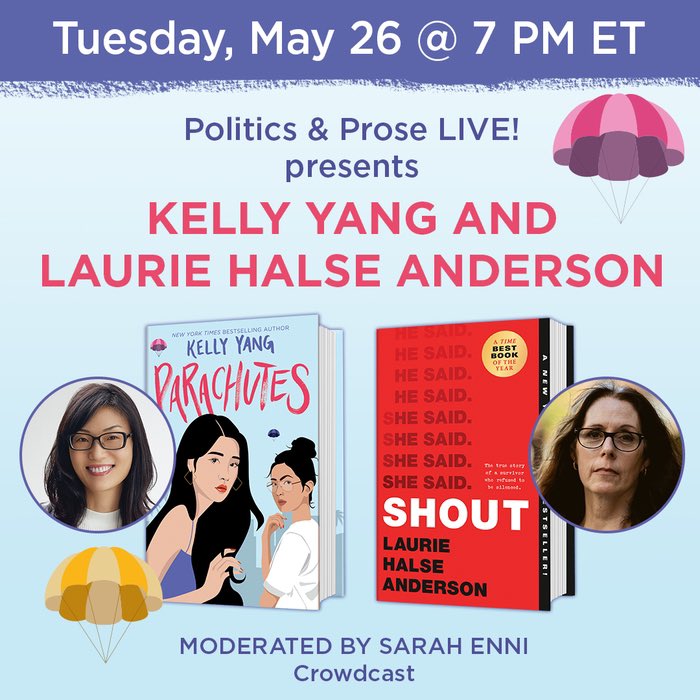 So beyond thrilled to announce I’ll be in conversation with <a href="/halseanderson/">Laurie Halse Anderson</a> for the <a href="/PoliticsProse/">Politics and Prose</a> virtual launch of PARACHUTES in less than TWO weeks!!! 💜📚💃🏻🙌 Pls spread the word and join us in what will no doubt be an unforgettable and emotional conversation!💃🏻🪂