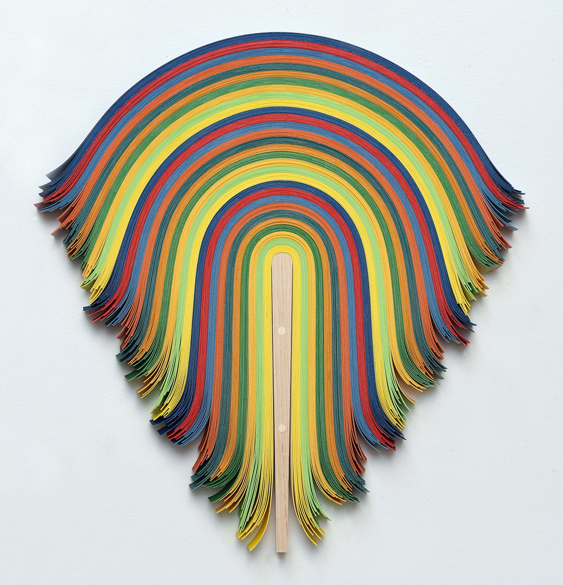 Wall sculpture by American artist and curator David Velasquez, 2010s-20s, created by layering strips of vinyl he'd been using as a bookbinder