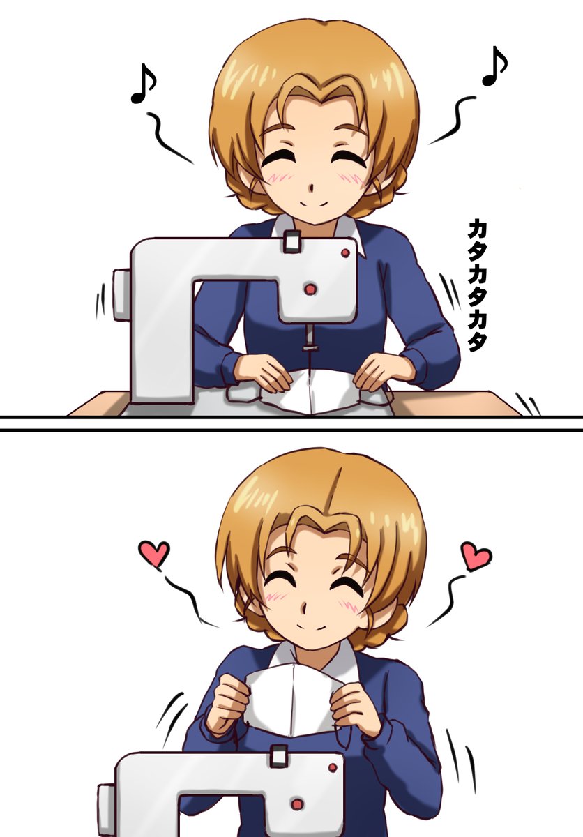 手作りマスクを作るペコちゃん。 