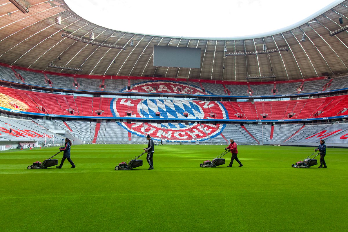 FCBayernES's tweet photo. ¡Nuestra cancha se va vistiendo de gala! ✂️🏟 

#MiaSanMia #Bundesliga https://t.co/W4V7M49jW0