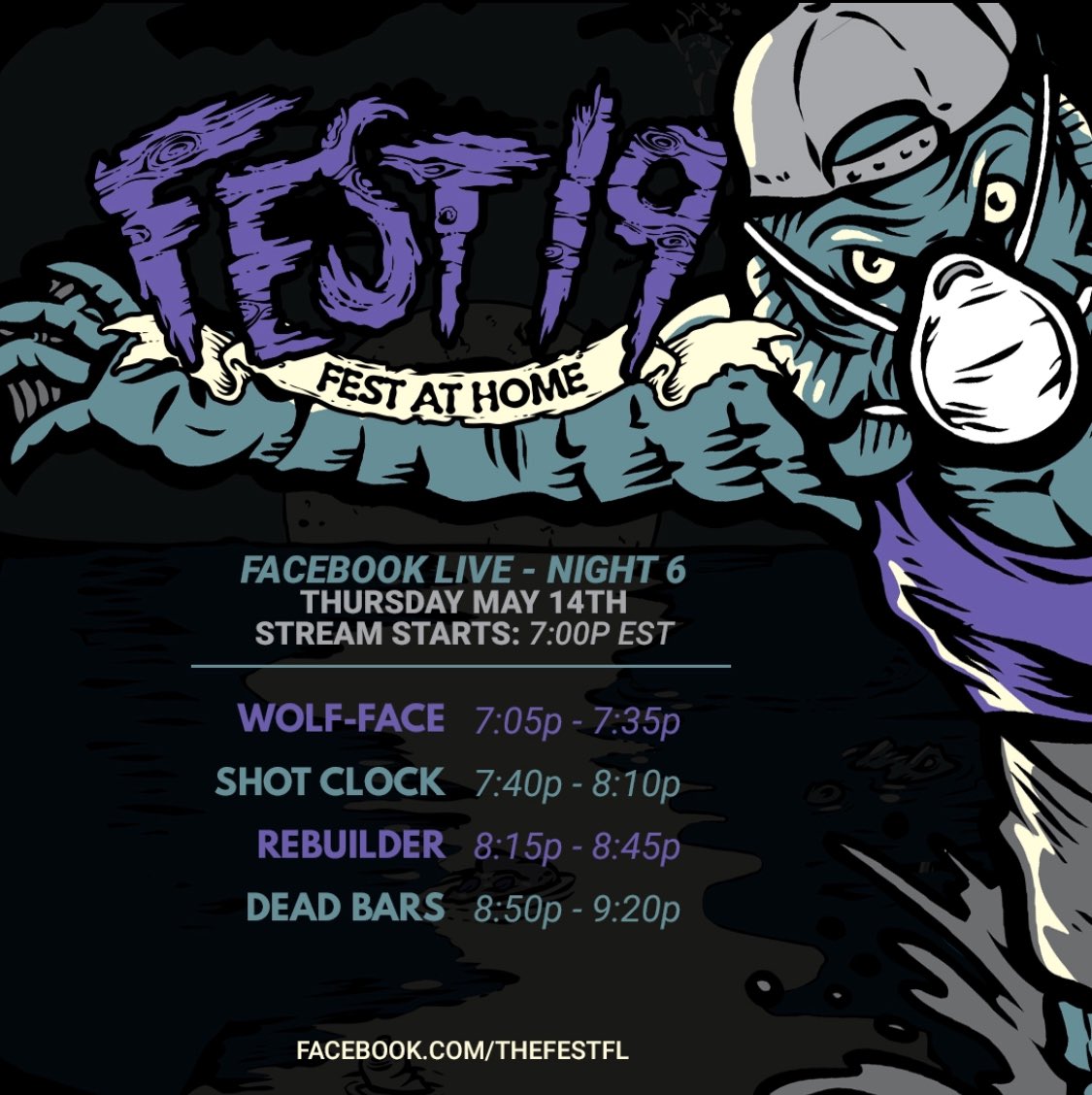 ShotClockBand's tweet image. Updated set time for tomorrow’s livestream! Tune in at @thefestfl Facebook page. 

@RebuilderBoston @DeadBars #wolfface #fest19 #Livestream