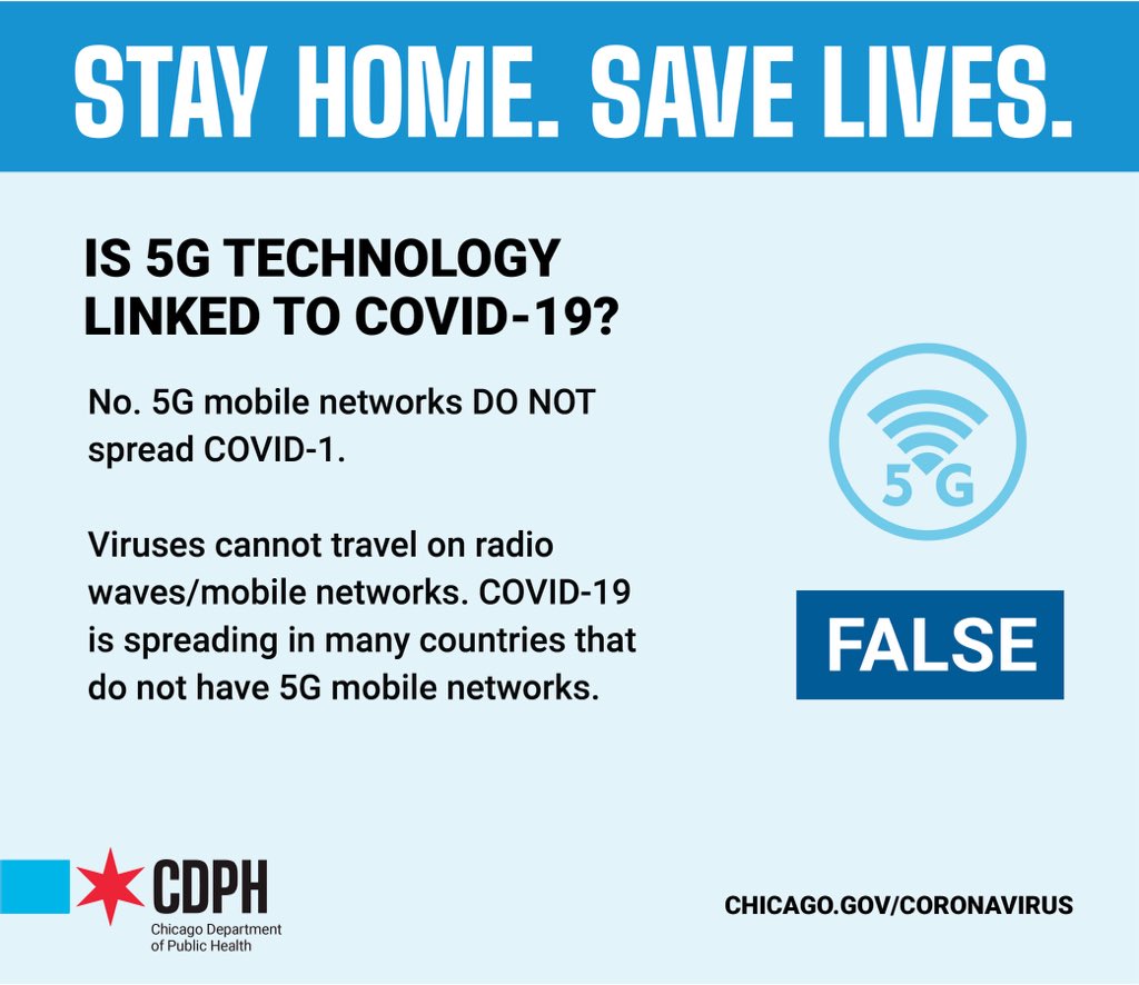 ChiPublicHealth's tweet photo. Let’s stop the spread of COVID-19 rumors and let’s know the facts!
Is 5G technology linked📱?Can warm weather stop it ☀️?

Check out these myth busters: https://t.co/jZePExbvcW