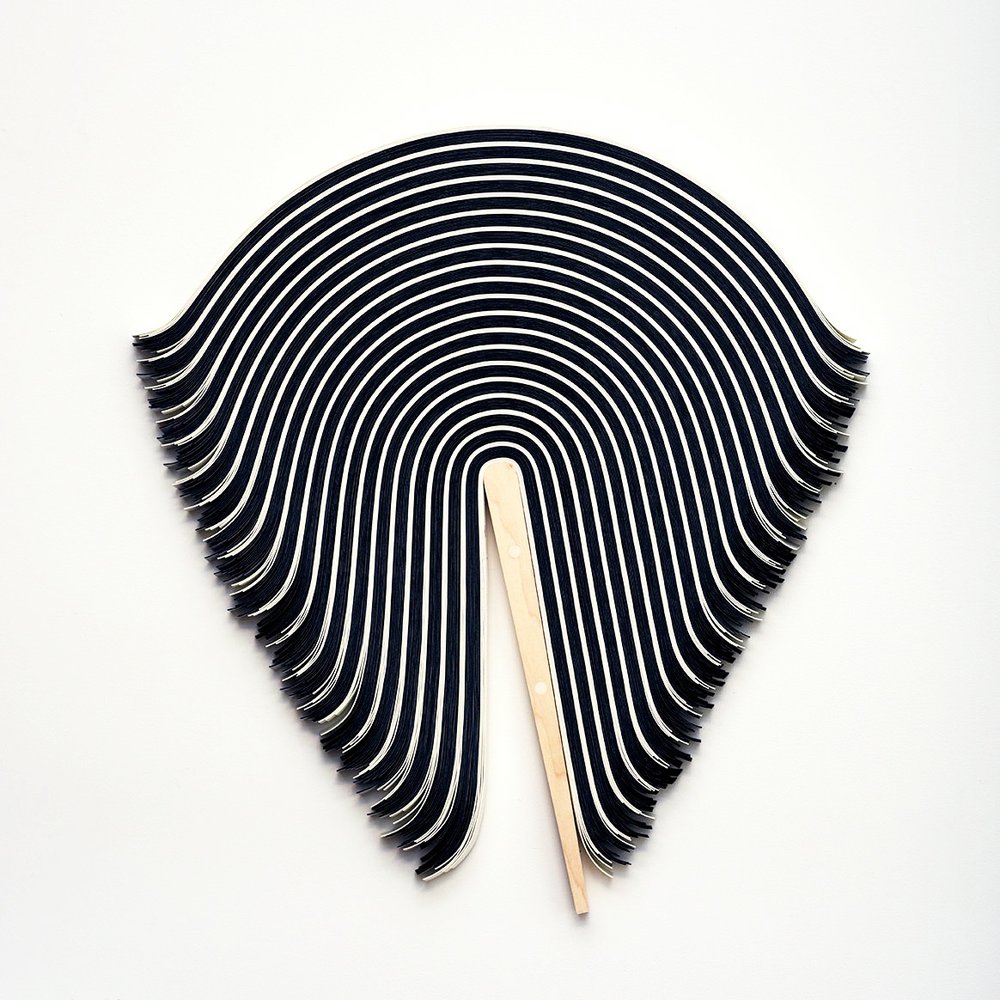 Wall sculpture by American artist and curator David Velasquez, 2010s-20s, created by layering strips of vinyl he'd been using as a bookbinder