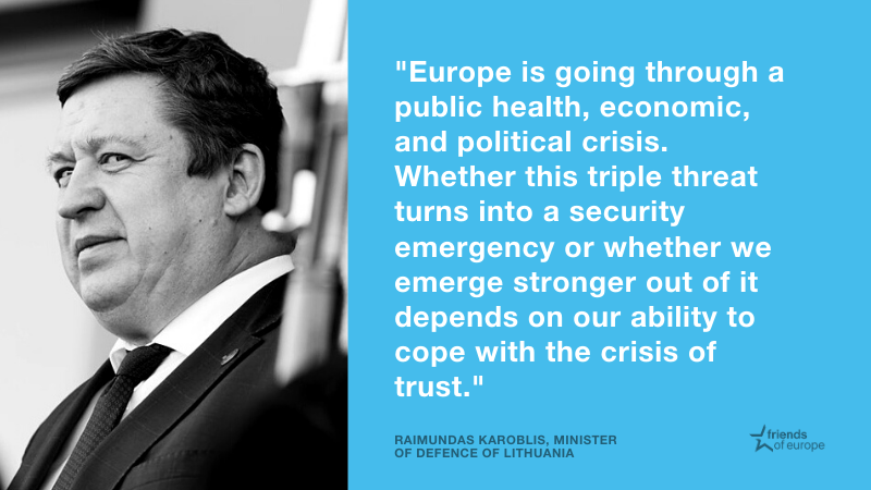 To tackle the current crisis,  Lithuanian Minister of Defence Mr. Raimundas Karoblis ( @Lithuanian_MoD) proposes the  #EU adopt a policy of responsibility through  defence commitments, resilience through strategic autonomy, and readiness through R&D.  #SecJam  #FoEDebate