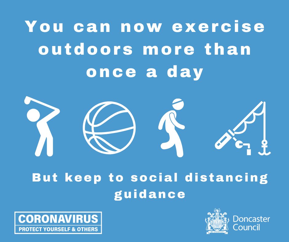 We can now go outside more than once a day for exercise (as long as we follow physical distancing guidelines). That includes being able to play some sportsFind out more details here:  https://www.doncaster.gov.uk/services/culture-leisure-tourism/coronavirus-sport-and-physical-activity-advice