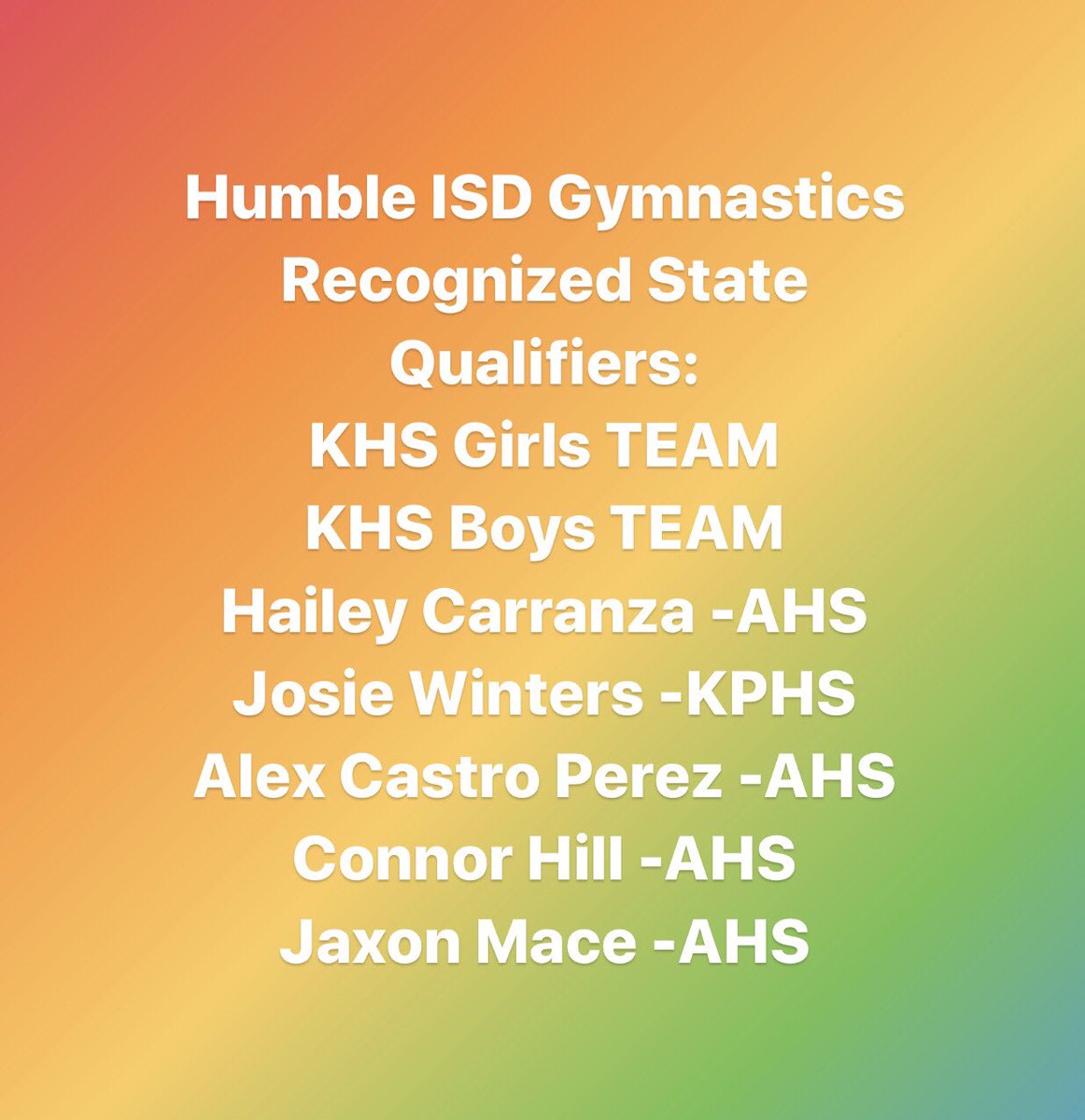 Congratulations to this years recognized State Qualifiers!!! @AtascocitaHSGym <a href="/HumbleISD_AHS/">The Atascocita HS</a> <a href="/KHSGymnastics/">Humble ISD Gymnastics</a> <a href="/HumbleISD_KHS/">Kingwood High School</a> <a href="/HumbleISD_KPHS/">Kingwood Park HS</a>