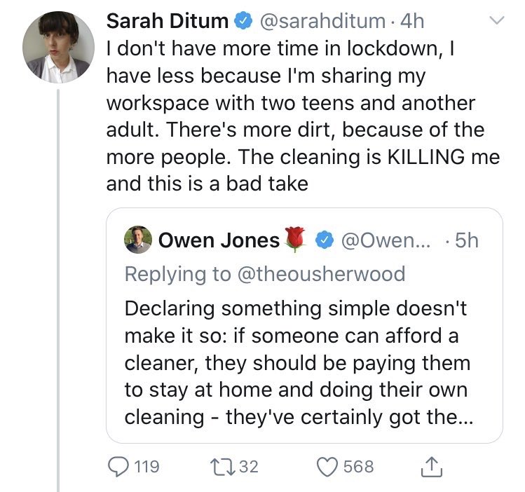 given that people who are paid to do cleaning work are overwhelmingly women & Owen’s entire argument was in defence of them & their rights, it is an interesting choice to posit the interests of their employers as the interests of “women” & make cleaners’ interests — what exactly?