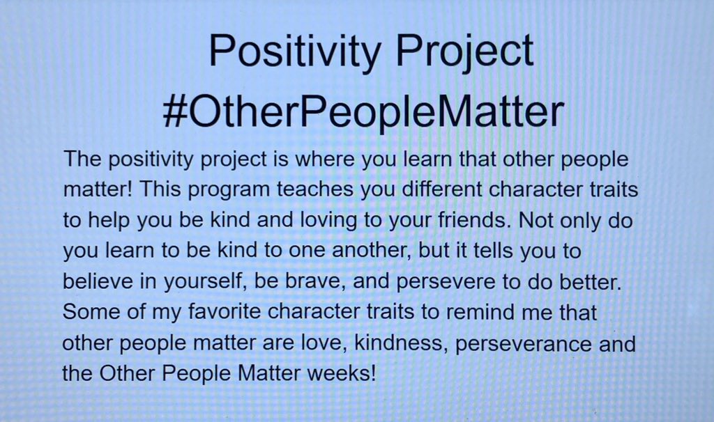 Katherine Patrick (@mspbriarcliff) on Twitter photo Out of the mouths of babes! This sweet girl beautifully summarized what the #OtherPeopleMatter mindset means to her. I am grateful <a href="/BriarcliffES/">Briarcliff ES</a> is a <a href="/PosProject/">The Positivity Project</a> partner school. Their lessons are crucial for my students’ social emotional development. #OtherBulldogsMatter Out of the mouths of babes! This sweet girl beautifully summarized what the #OtherPeopleMatter mindset means to her. I am grateful <a href="/BriarcliffES/">Briarcliff ES</a> is a <a href="/PosProject/">The Positivity Project</a> partner school. Their lessons are crucial for my students’ social emotional development. #OtherBulldogsMatter