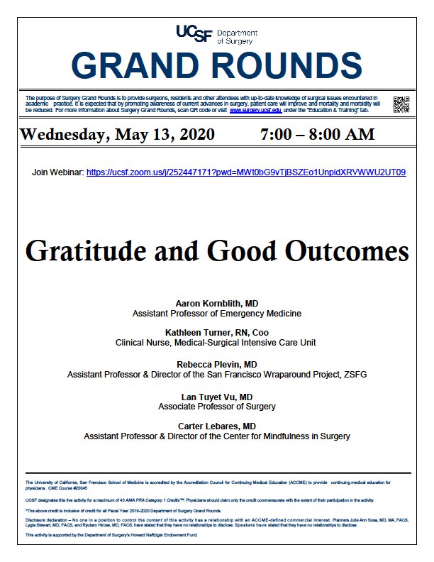 Here’s a novel, long overdue concept: ⁦<a href="/UCSFSurgery/">UCSF Surgery</a>⁩ Morbidity &amp; Mortality conference replaced by Gratitude &amp; Good Outcomes  grand rounds. ‘G &amp; G’ instead of M &amp; M. Inspired &amp; lifted up by the good work &amp; courage of ⁦<a href="/UCSF/">UC San Francisco</a>⁩ colleagues! #ucsfproud