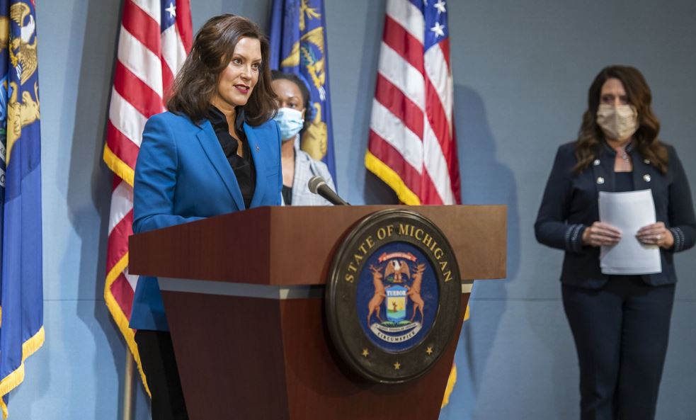 Photo of Gov. Whitmer at recent press conference.