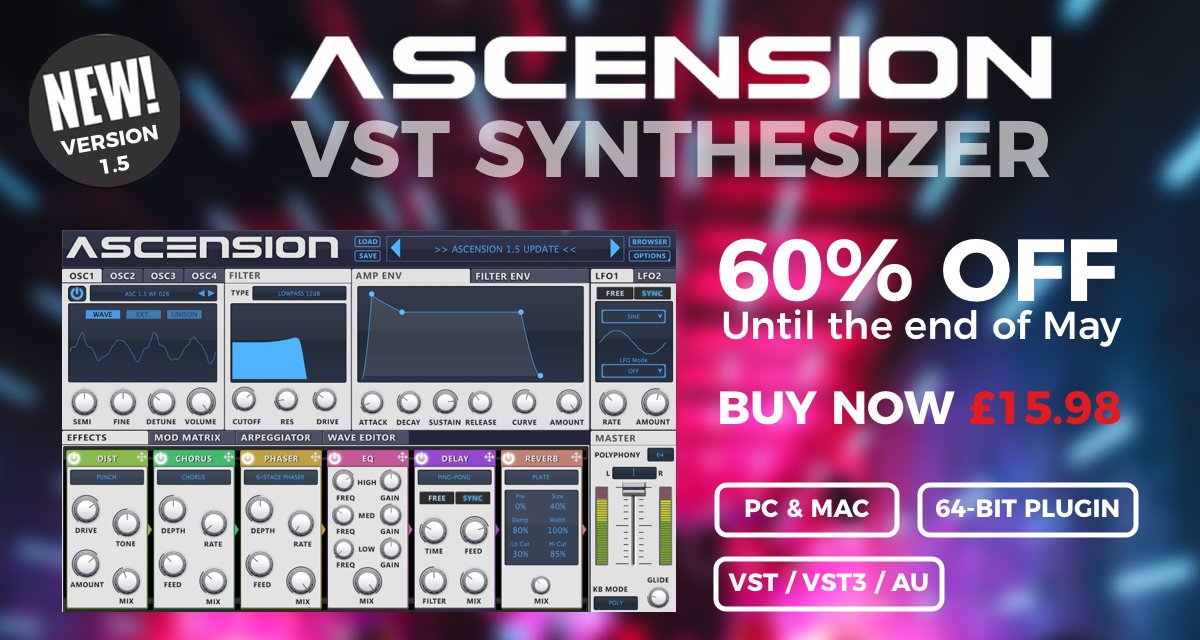 We're offering a whopping 60% off the Ascension VST Synthesizer until the end of May. Version 1.5 includes a whole host of new features.

Visit dancemidisamples.com to purchase!

dancemidisamples.com/dms-ascension-…