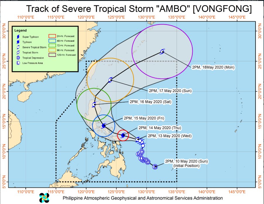 dzbb's tweet photo. @dost_pagasa: As of 4:00 PM, huling namataan ang sentro ng Severe Tropical Storm #AmboPH sa layong 315 km East ng Borongan City, Eastern Samar. https://t.co/DrELGVNXCt