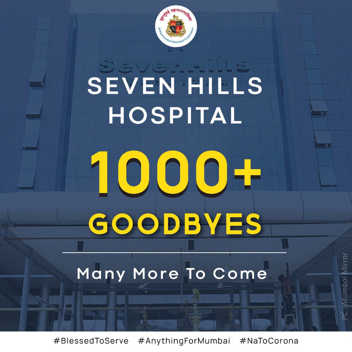 mybmc's tweet photo. #GoodbyesAreGoodToo

An inspiring milestone!

Seven Hills Hospital discharged its 1000th COVID survivor since the admission of its first positive patients on 1 April.

This is just one of the many more milestones to come.

#BlessedToServe
#AnythingForMumbai
#NaToCorona https://t.co/s9KwZzMJyD